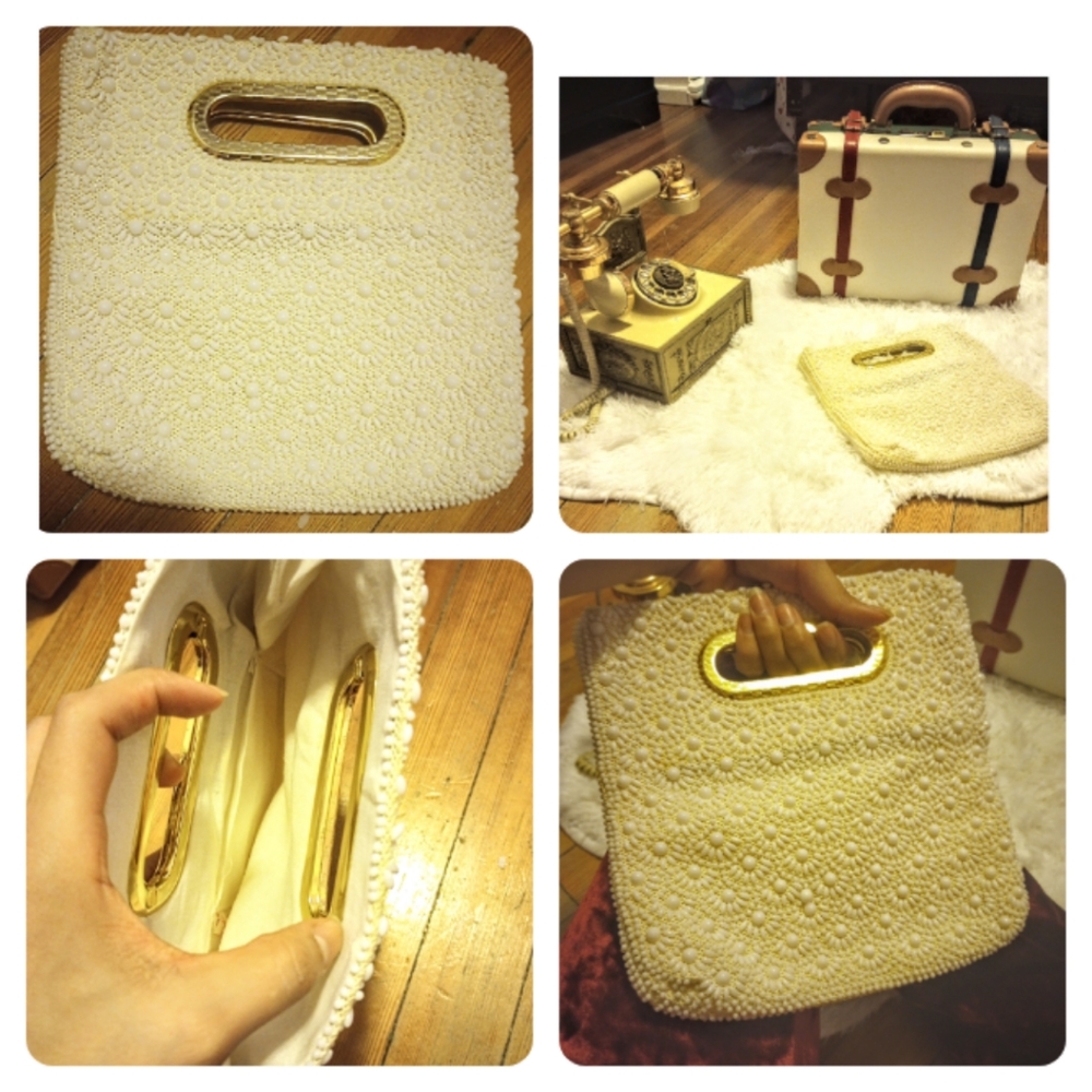 Vintage white clutch, timeless minimalistic, classic with flower shape